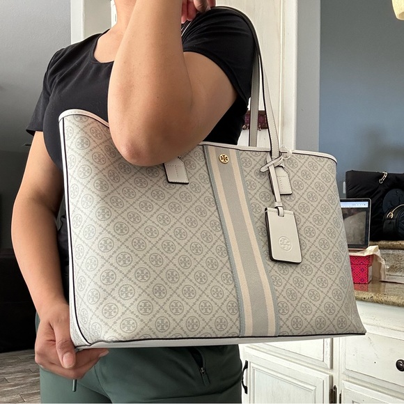 New💝 tory burch geo logo tote gray gro with stripe - Picture 12 of 13